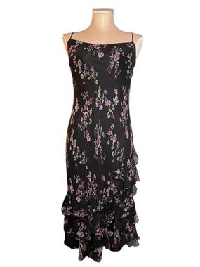 Robbie Bee Silk Vintage Y2K Black Ruffle Hem Slip Dress with Purple Floral Print